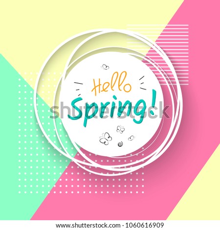 White banner with text hello spring and butterflies on a geometric modern trendy background with dots specks lines Spring festive banner for posters templates cards of spring sales Vector spring time