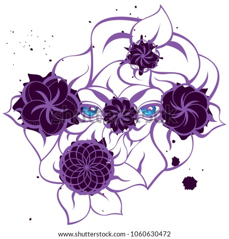 Isolated illustration with a mysterious blue eyes, violet flowers, leaves and blots. Creative hand-drawn design for fashion, beauty, tattoo