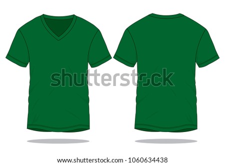 Blank Dark Green V-Neck T-Shirt Vector.Front And Back Views.