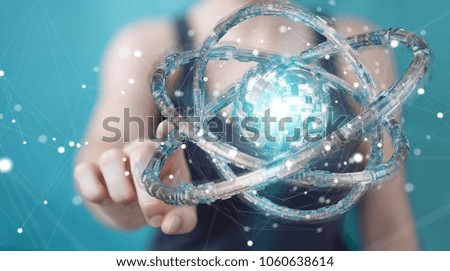 Businesswoman on blurred background using futuristic torus textured object 3D rendering