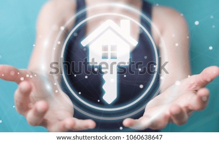 Businesswoman on blurred background using real estate digital interface 3D rendering