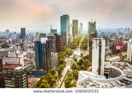 Skyline in Mexico City, view from the rooftop building. Paseo de la Reforma panoramic view