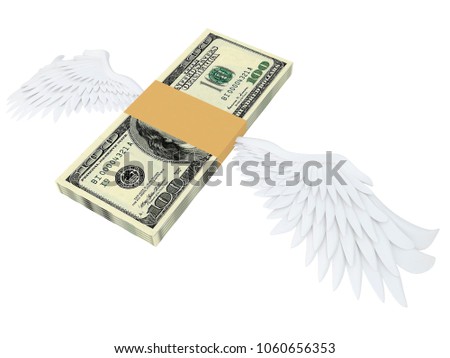 bill of 100 hundred dollars with wings flying on a white background 3d rendering