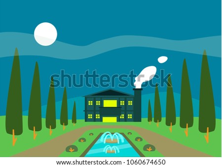 Night time in a luxurious rich estate in the European countryside. Editable Clip Art.