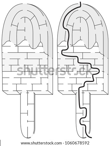 Easy ice cream on a stick maze for younger kids with a solution in black and white