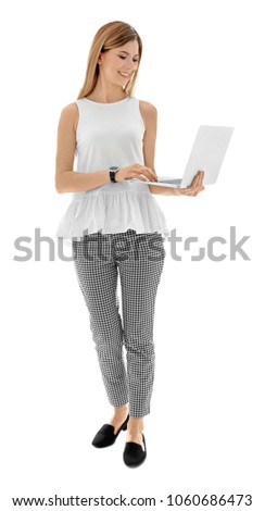 Female teacher with laptop on white background