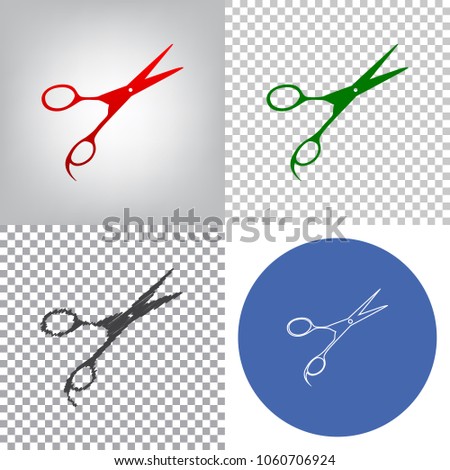 Hair cutting scissors sign. Vector. 4 styles. Red gradient in radial lighted background, green flat and gray scribble icons on transparent and linear one in blue circle.