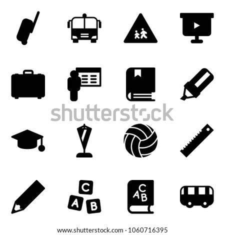 Solid vector icon set - suitcase vector, airport bus, children road sign, presentation board, case, book, highlight marker, graduate hat, pennant, volleyball, ruler, pencil, abc cube, toy