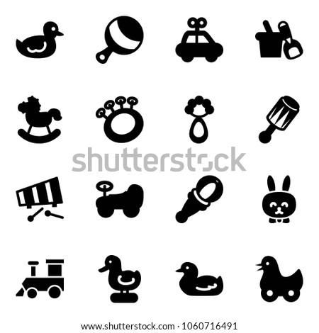 Solid vector icon set - duck toy vector, beanbag, car, shovel bucket, rocking horse, xylophone, baby, rabbit, train