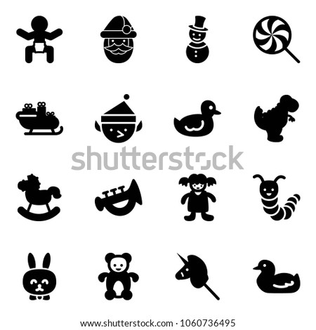 Solid vector icon set - baby vector, santa claus, snowman, lollipop, sleigh, christmas elf, duck toy, dinosaur, rocking horse, horn, doll, caterpillar, rabbit, bear, unicorn stick