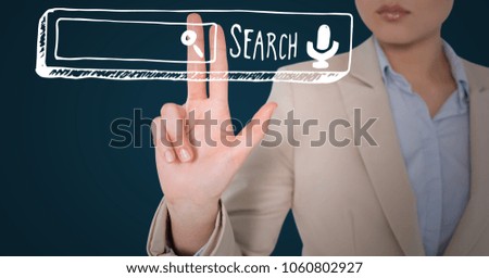 Business woman mid section touching white search bar against blue background