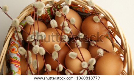 basket with eggs and willow on white background