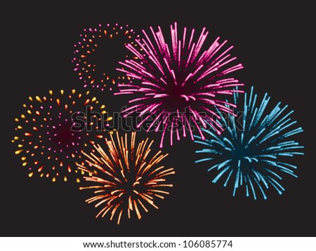 Realistic Vector fireworks exploding in the night sky Royalty-Free Stock Photo #106085774