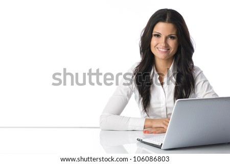 Computer. Laptop.Woman.Girl. Businesswoman.Girl working at the laptop.
Studio.White background.Space.Smiling. Education center. Business seminar.