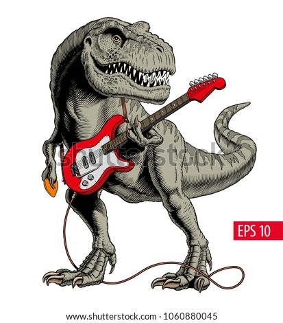 Dinosaur playing electric guitar. Tyrannosaurus or T. rex. Vector illustration.