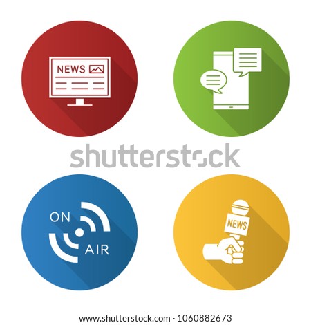 Mass media flat design long shadow glyph icons set. Press. Electronic newspaper, chatting, radio signal, microphone. Vector silhouette illustration