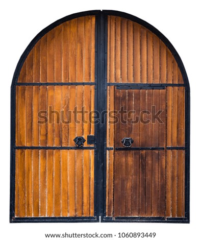 Old Wooden gate with metal decoration isolated on white background