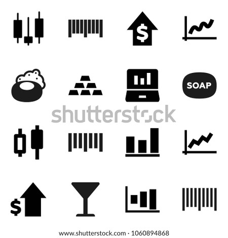 Flat vector icon set - soap vector, graph, japanese candle, laptop, dollar growth, gold ingot, glass, barcode