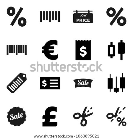 Flat vector icon set - japanese candle vector, receipt, euro sign, pound, barcode, low price signboard, sale, percent, coupon