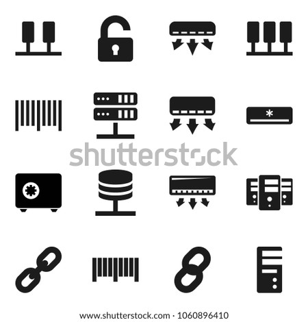Flat vector icon set - safe vector, server, network, chain, unlock, air conditioner, barcode, computer