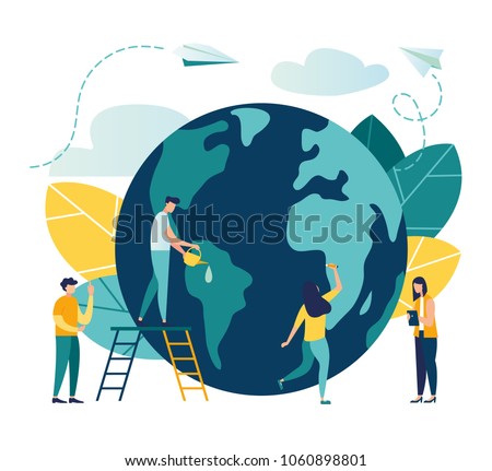 Vector flat illustration, little men prepare for the day of the Earth, save the planet, save energy, the concept of the Earth day vector Royalty-Free Stock Photo #1060898801