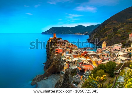 Vernazza village, aerial view on red sunset, Seascape in Five lands, Cinque Terre National Park, Liguria Italy Europe.
