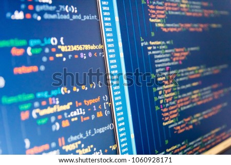 Abstract computer script code. Search engine optimization for better rankings with anchor tags for keyword planning and targeting. Displaying program code on computer. Big data database app. 