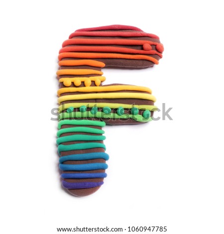 Plasticine letter F. Color Plasticine alphabet, isolated. Rainbow