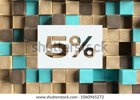 White Paper-Cut 5% Symbol on the Wood Pattern With Blue Dots on Background. 3D Illustration of 5% Symbol 5 Percent Symbol for Wallpapers and Abstract Backgrounds.
