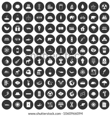 100 eco icons set in simple style white on black circle color isolated on white background vector illustration