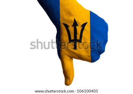 Hand with thumb down gesture in colored barbados national flag as symbol of negative political, cultural, social management of country