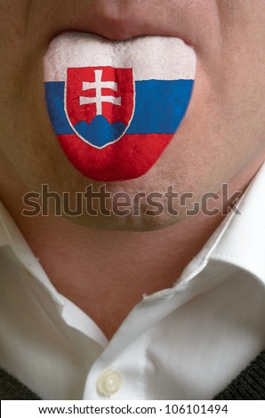 man with open mouth spreading tongue colored in slovakia flag as symbol of values like teaching, learning, multilingual speaking of different languages