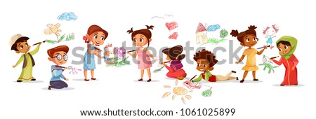 Children of different nationality drawing pictures with chalk pencils vector illustration of cartoon kids kindergarten. Flat design boys and girls with color pencils draw pictures on walls and floor Royalty-Free Stock Photo #1061025899