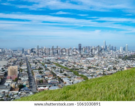 Grassy field overlooking San Francisco cityscape on a sunny day