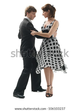 young couple dancing argentinian tango, on white background