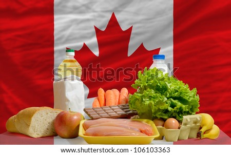 complete national flag of canada covers whole frame, waved, crunched and very natural looking. In front plan are fundamental food ingredients for consumers, symbolizing consumerism an human needs