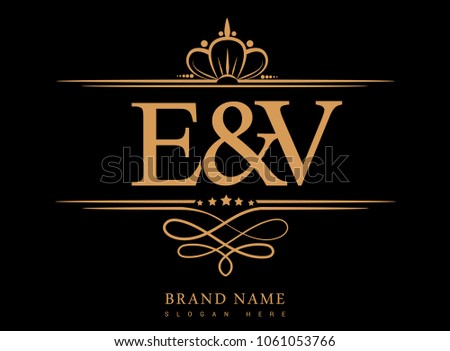 E&V Initial logo, Ampersand initial logo gold with crown and classic pattern