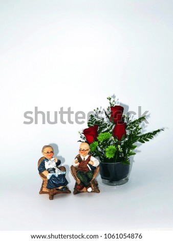Happy time doll image of a senior couple people is isolated with rose flowers pot on the white background.
