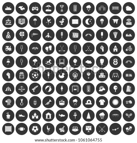 100 childrens playground icons set in simple style white on black circle color isolated on white background vector illustration