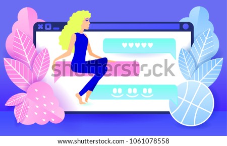 A young woman looks at the screen, love correspondence, chat, template, strawberry and basketball, gadget and messenger. Modern minimalistic textural design, bright colors, background for advertising.