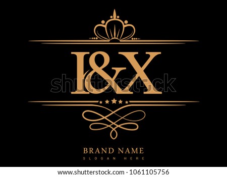 I&X Initial logo, Ampersand initial logo gold with crown and classic pattern