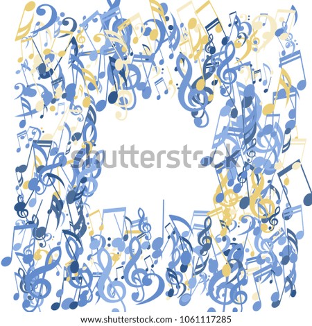 Square Frame of Musical Symbols. Abstract Background with Notes, Bass and Treble Clefs. Vector Element for Musical Poster, Banner, Advertising, Card. Minimalistic Simple Background.