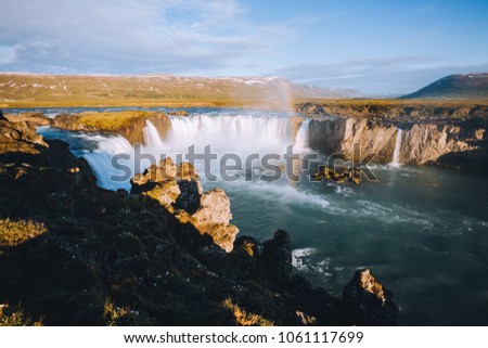 Fantastic view of powerful Godafoss cascade. Location Bardardalur valley, Skjalfandafljot river, Iceland, Europe. Scenic image of beautiful nature landscape. Amazing scenery. Discover beauty of earth.