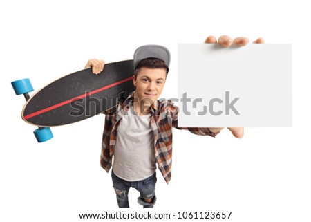 Teenager with a longboard showing a blank card isolated on white background