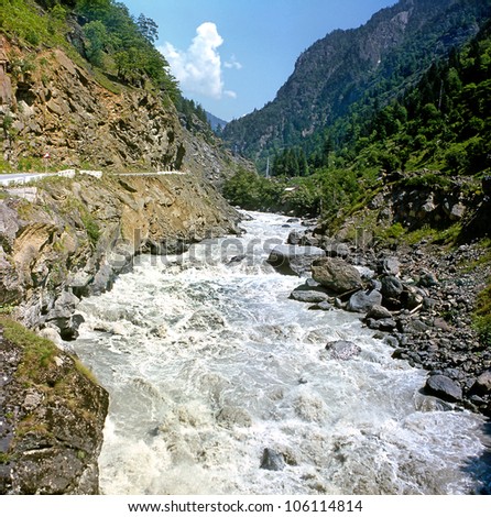 Inguri river. Caucasus, Upper Svaneti - UNESCO World Heritage Site. Georgia