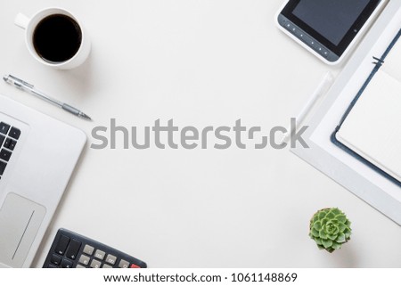 Top view business desk with copy space. Flat lay business object photography.