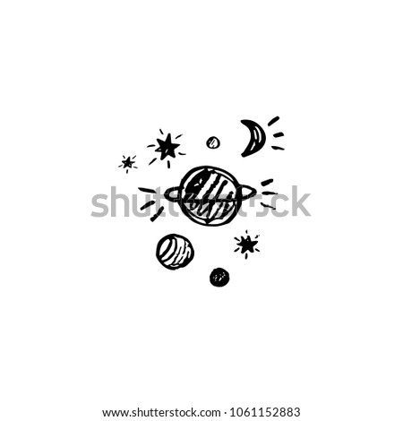 Cute hand drawn sylized planets and stars, decor elements set. Clipart, isolated vector pictures.