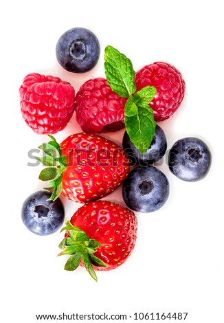 Fresh berries isolated on white background, top view. Strawberry, Raspberry, Blueberry and Mint leaf, flat lay
 Royalty-Free Stock Photo #1061164487