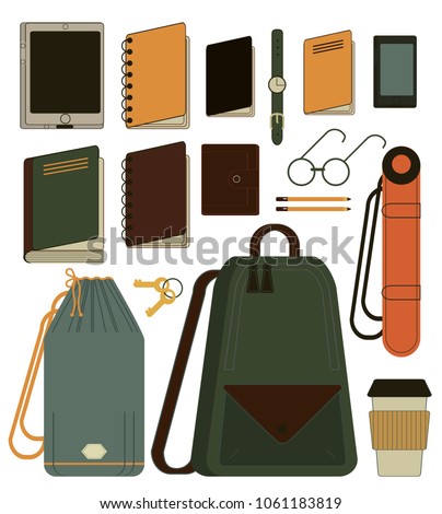 A set of various objects for travel, recreation, business trip, trekking, study. Notepad, documents, glasses passport, coffee, phone, tablet, keys, tube, tissue bag, backpack, notebook, purse. Vector