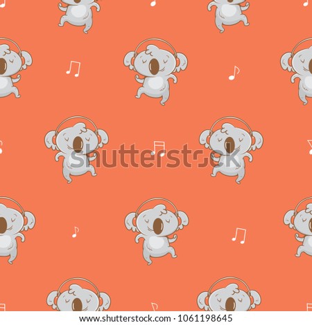Seamless pattern  with cute cartoon koalas  listening to music in earphones on red background. Vector contour  image. Little funny baby animal. Children's illustration.